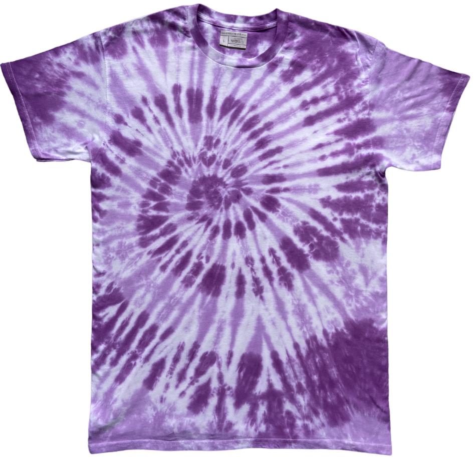 A grape and white tie-dye t-shirt with a spiral pattern, laid flat against a white background.