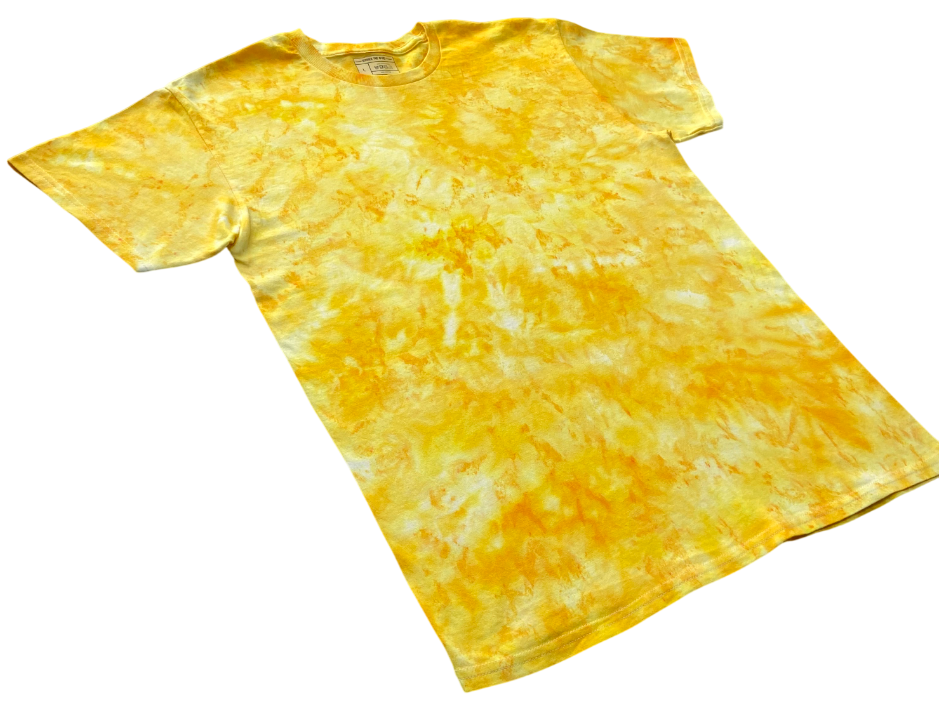 Angled view of the Daffodil Ice Scrunch tie dye T-shirt in golden yellow and white, showing the hand dyed scrunch pattern on a white background.