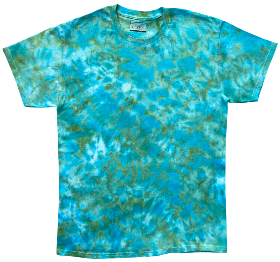Cayman Isle Green tie-dye T-shirt featuring bright aqua blue, turquoise and soft green tones with a hand-dyed marbled pattern.