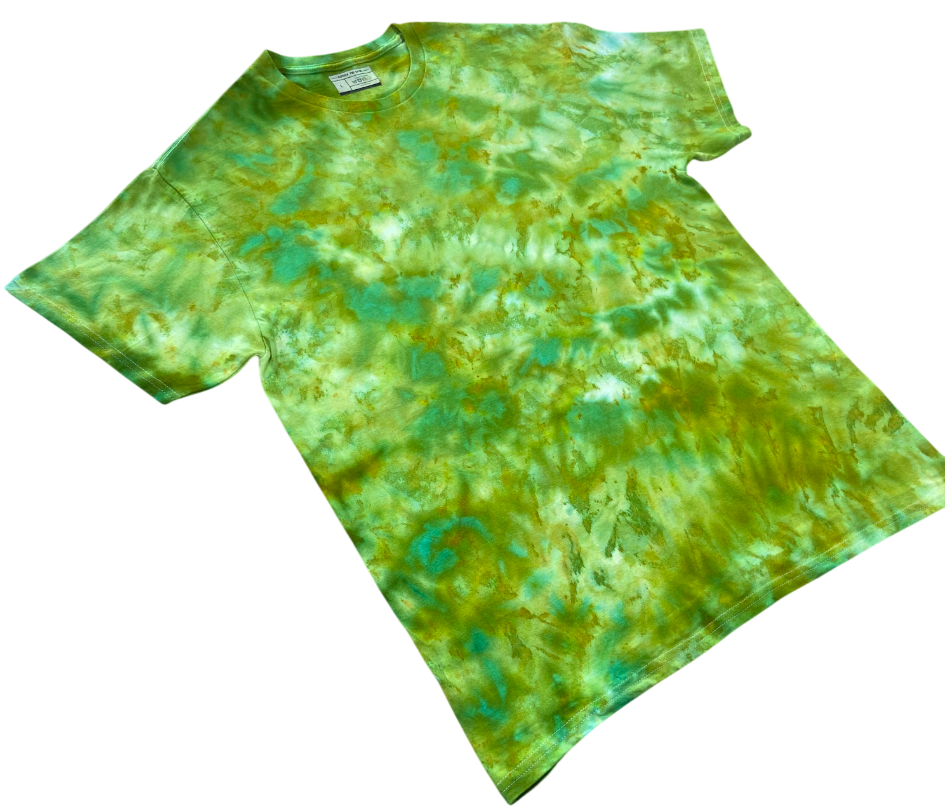 Angled view of the Lime Squeeze Ice tie-dye T-shirt featuring bright lime, aqua and soft white marbled patterns.