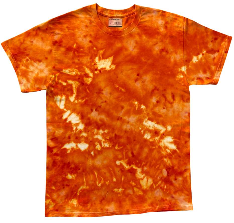 A short-sleeve crewneck t-shirt featuring a vibrant orange and yellow tie-dye pattern with white highlights, displayed flat against a solid white background.