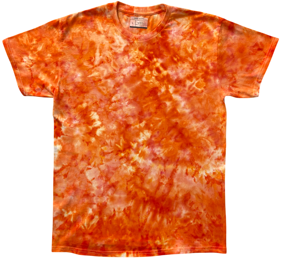 A short-sleeve crewneck t-shirt featuring a vibrant orange and red tie-dye pattern with white marbled accents, displayed flat against a solid white background.