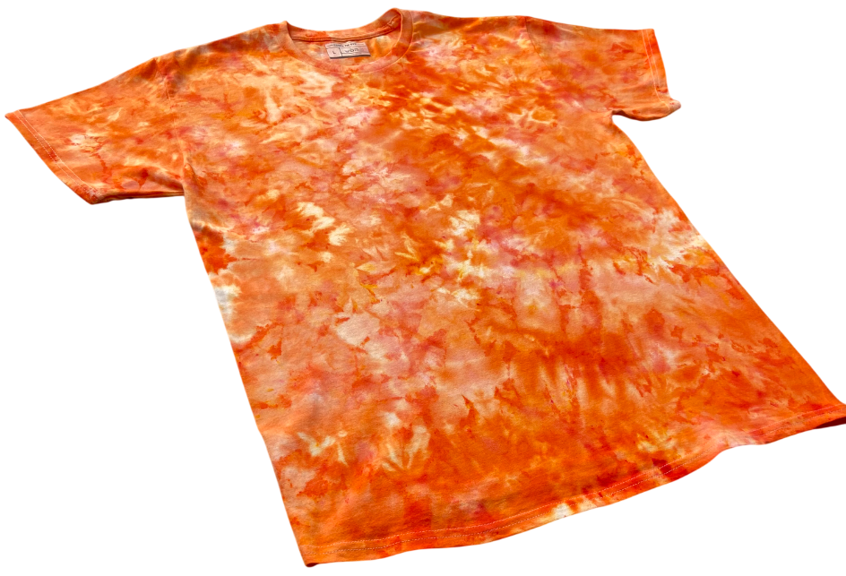 A short-sleeve crewneck t-shirt featuring a vibrant orange and white tie-dye pattern, shown flat against a solid white background.