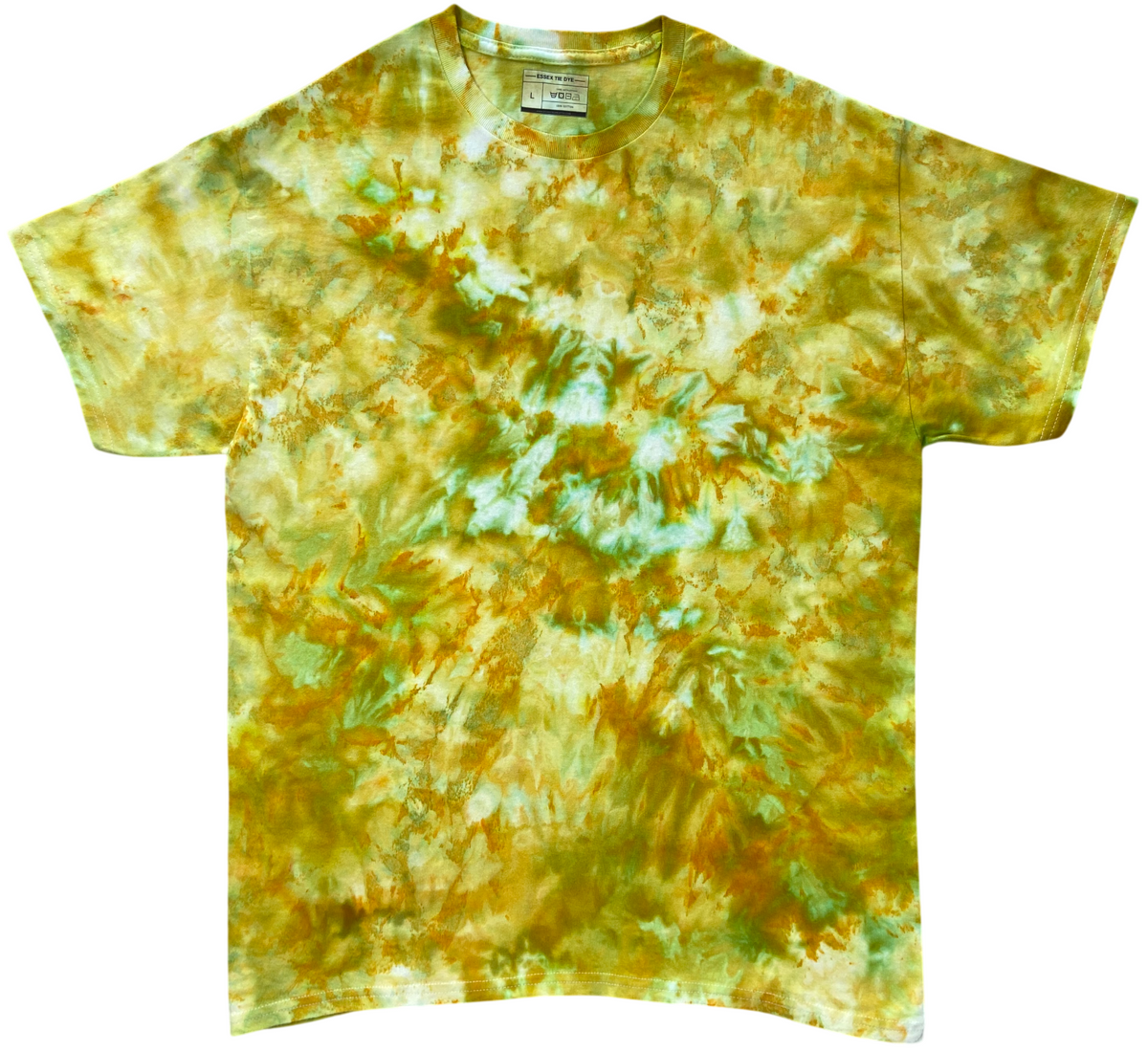 Chartreuse Ice Scrunch tie dye T-shirt in shades of chartreuse, lime green, golden yellow and soft aqua, shown flat from the front.