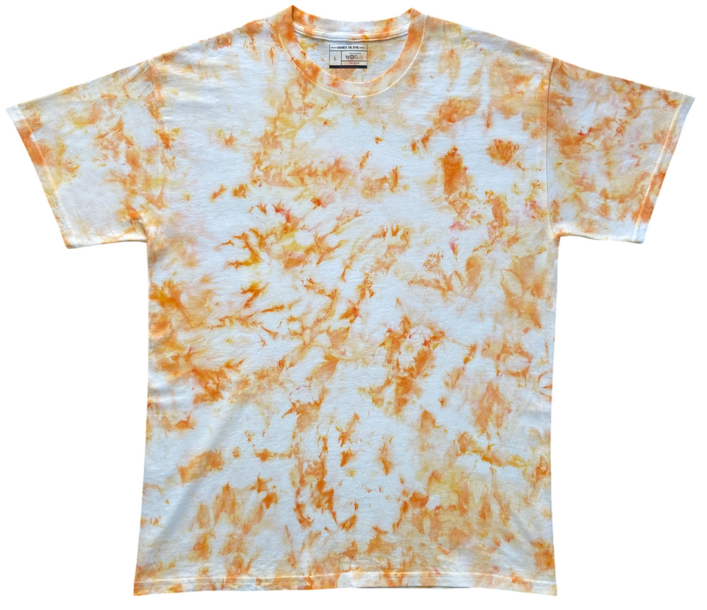 Ivory Ice Scrunch tie dye T-shirt in soft ivory and orange with a subtle hand dyed scrunch pattern on a white background.