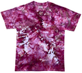 A short-sleeve crewneck tie-dye t-shirt featuring a marbled pattern of deep magenta, purple, and white, displayed flat against a solid white background.