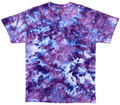 A short-sleeve crewneck tie-dye t-shirt featuring a marbled pattern of purple, blue, and white, displayed flat against a solid white background.
