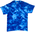 A short-sleeve crewneck t-shirt featuring a vibrant blue and white tie-dye pattern, laid flat against a solid white background.