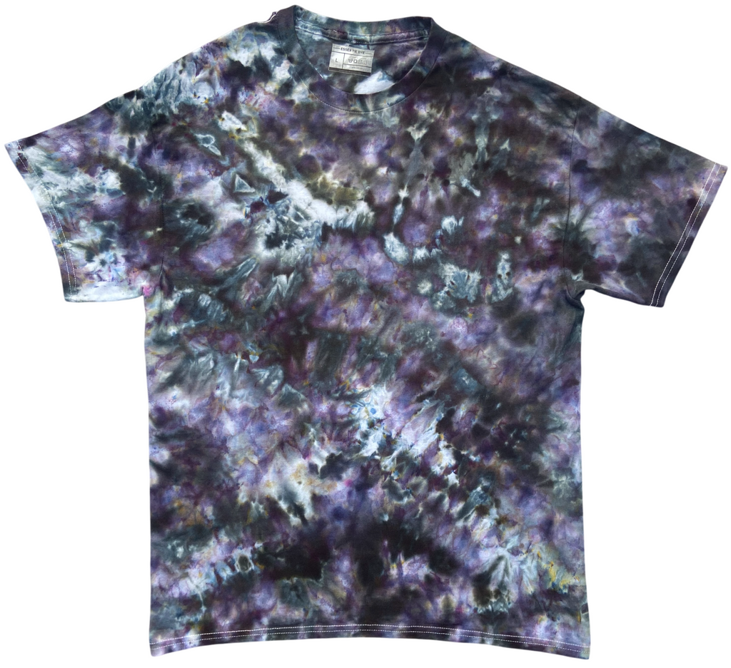 Tie-dye t-shirt with a multicolor pattern of greys and purples on white background