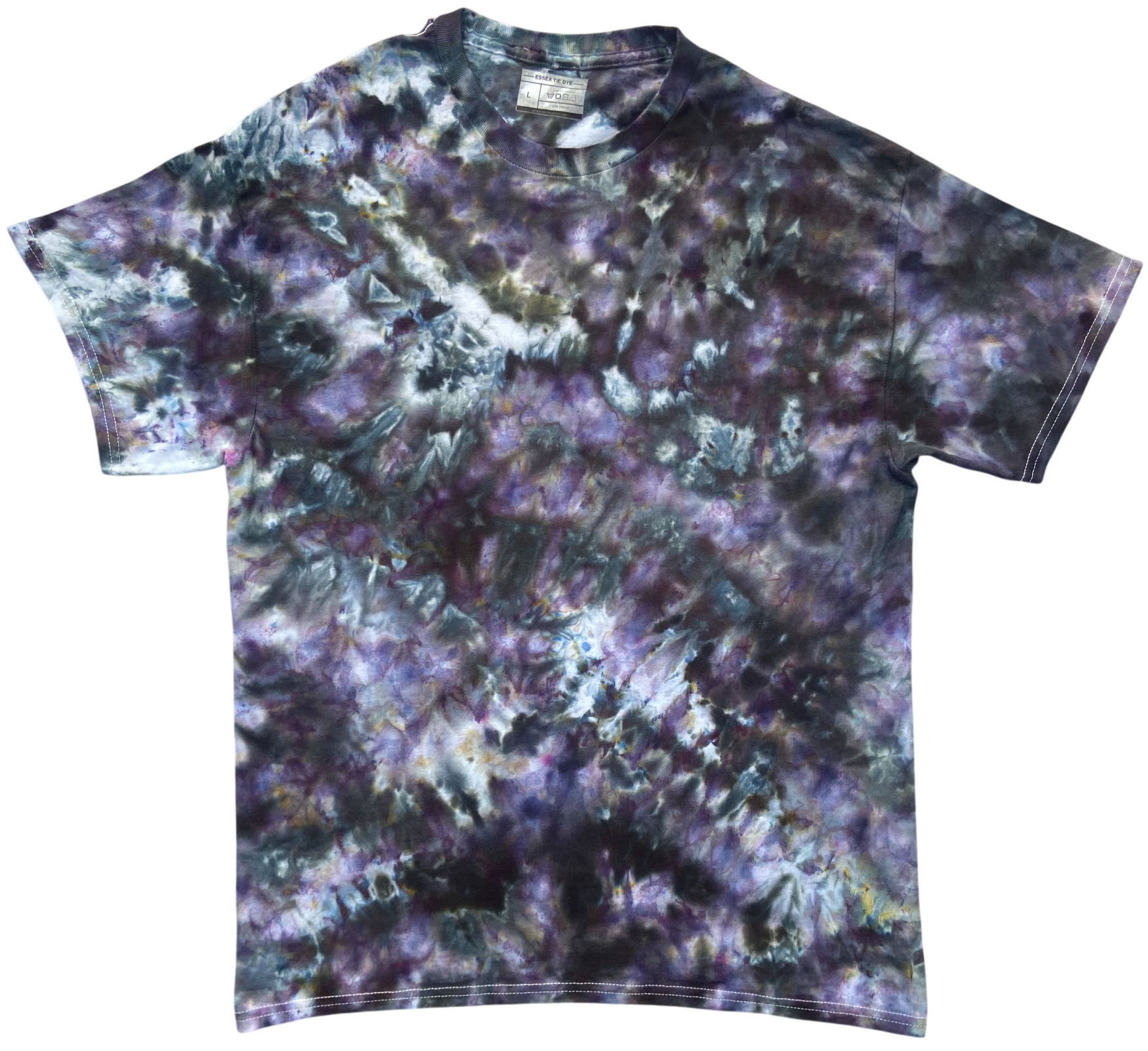 Tie-dye t-shirt with a multicolor pattern of greys and purples on white background