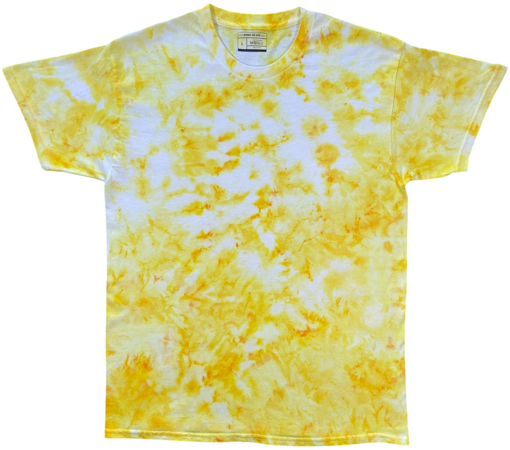 Citrus Yellow Ice Scrunch tie dye T-shirt in bright yellow and white with a hand dyed scrunch pattern on a white background.