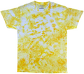 Citrus Yellow Ice Scrunch tie dye T-shirt in bright yellow and white with a hand dyed scrunch pattern on a white background.