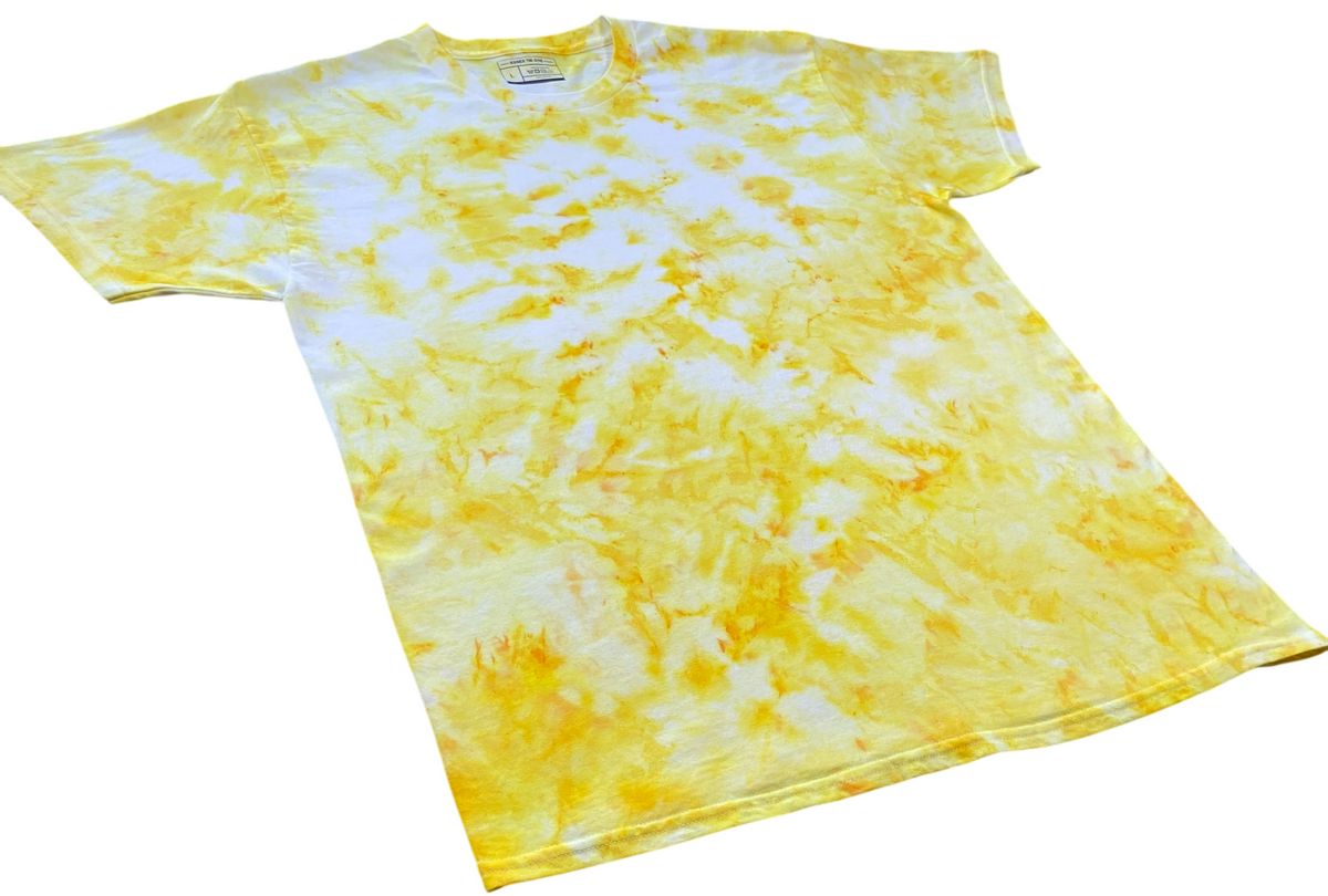 Citrus Yellow Ice Scrunch tie dye T-shirt in bright yellow and white with a hand dyed scrunch pattern on a white background.