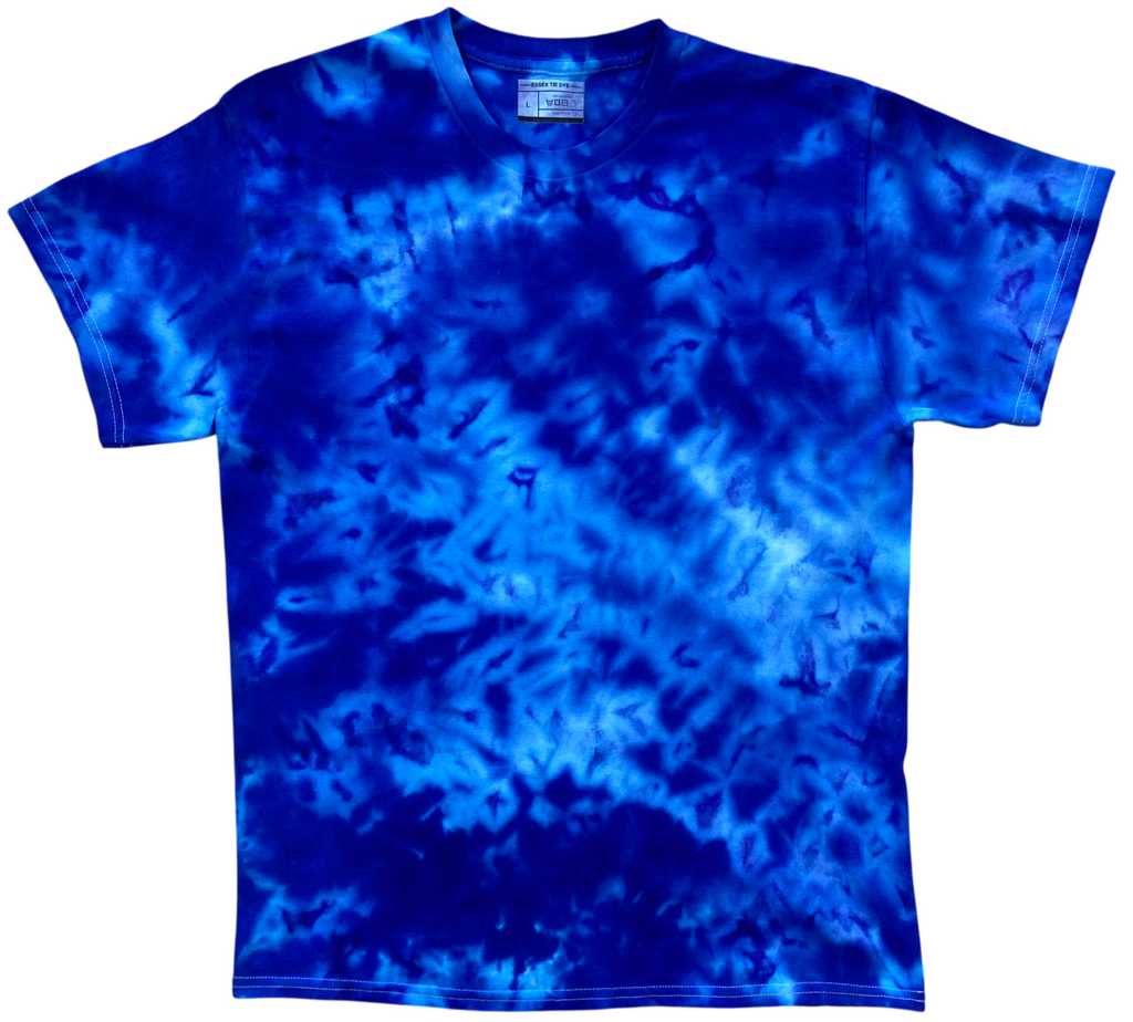 Stratosphere Ice Scrunch tie dye T-shirt in vivid cobalt blue, electric blue and lighter icy blue tones, individually hand dyed in the UK.
