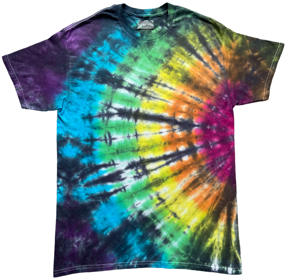 Multicolored tie-dye t-shirt on a white background