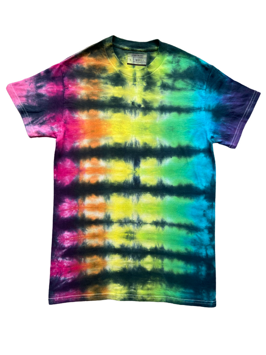 Vertical Multicolour Stripe with Horizontal Black Tie Dye T-Shirt, Adult, Youth, XS, S, M, L, XL, 2XL, 3XL, 4XL, 5XL, Dyed in the UK, Gift