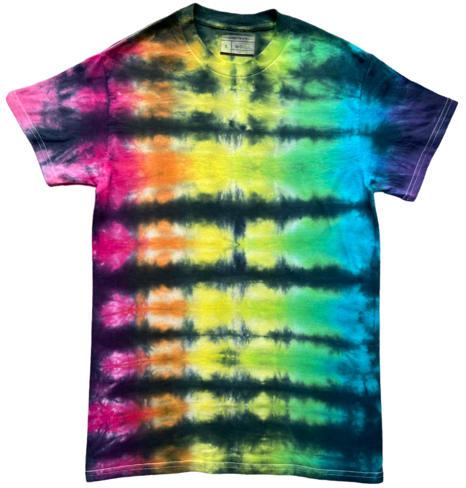 A short-sleeve crewneck tie-dye t-shirt featuring horizontal bands of pink, orange, yellow, green, blue, and purple on a white background.
