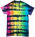 A short-sleeve crewneck tie-dye t-shirt featuring horizontal bands of pink, orange, yellow, green, blue, and purple on a white background.