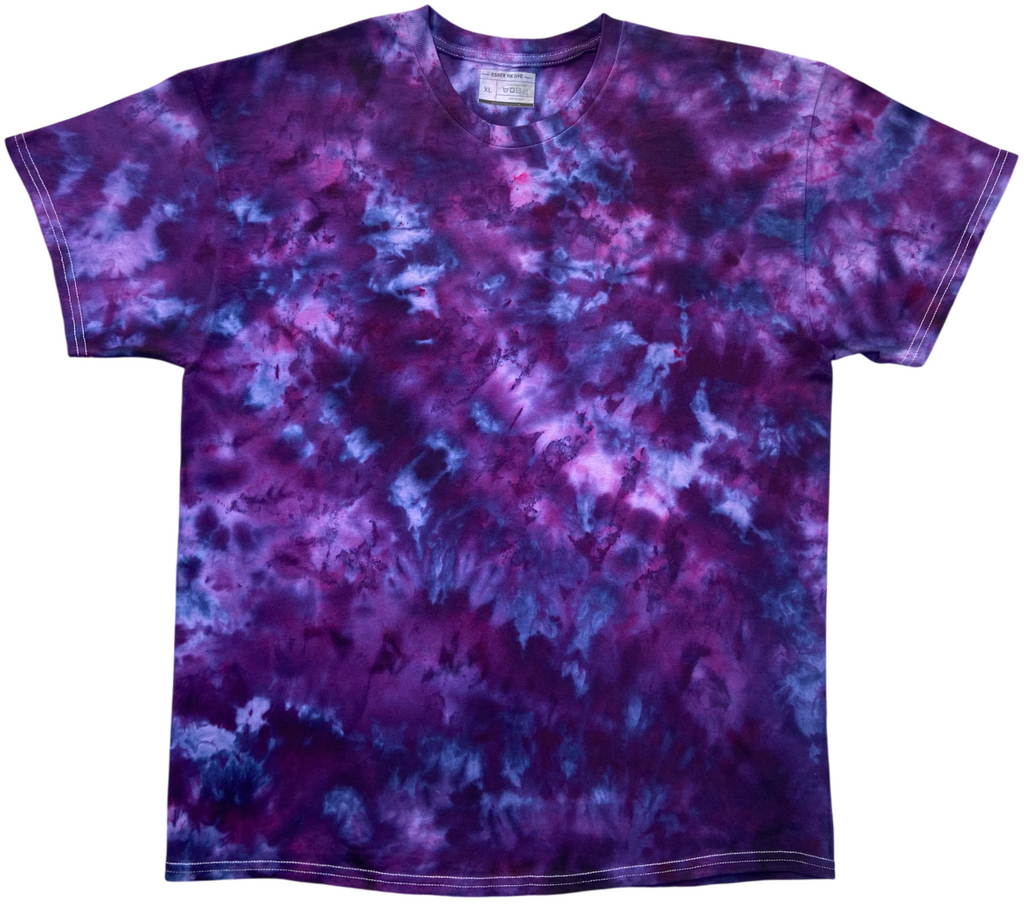 Imperial Purple Ice Scrunch tie dye T-shirt in deep purple, violet, magenta and blue tones, individually hand dyed in the UK.