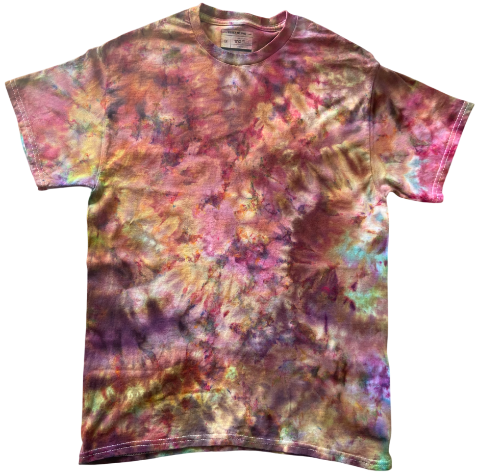 Multicolored tie-dye t-shirt on a white background