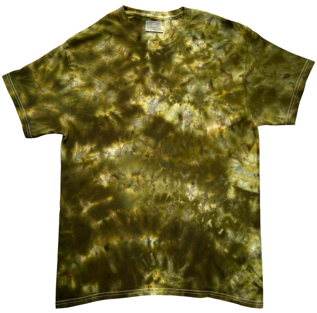 Moss Green Ice Tie Dye T-shirt featuring earthy olive green, moss, golden yellow and cream tones in a unique marbled pattern.