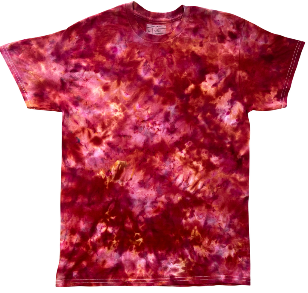 Oxblood Red Ice Scrunch tie dye T-shirt in deep oxblood red, burgundy, crimson and warm orange tones, featuring a rich hand dyed scrunch pattern on a white background.