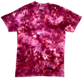 A short-sleeve crewneck t-shirt featuring a vibrant magenta and pink tie-dye pattern with splashes of purple and deep red, displayed flat against a solid white background.