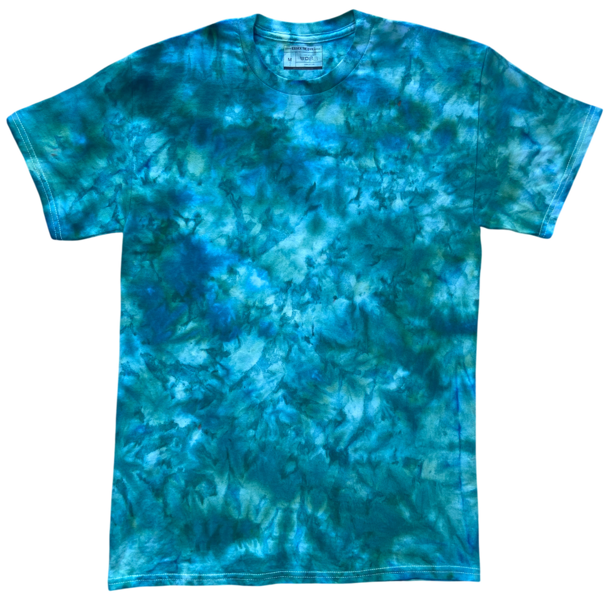 Kingfisher Blue ice scrunch tie-dye T-shirt featuring rich turquoise, teal, aqua blue and deeper blue-green tones, individually hand dyed in the UK.