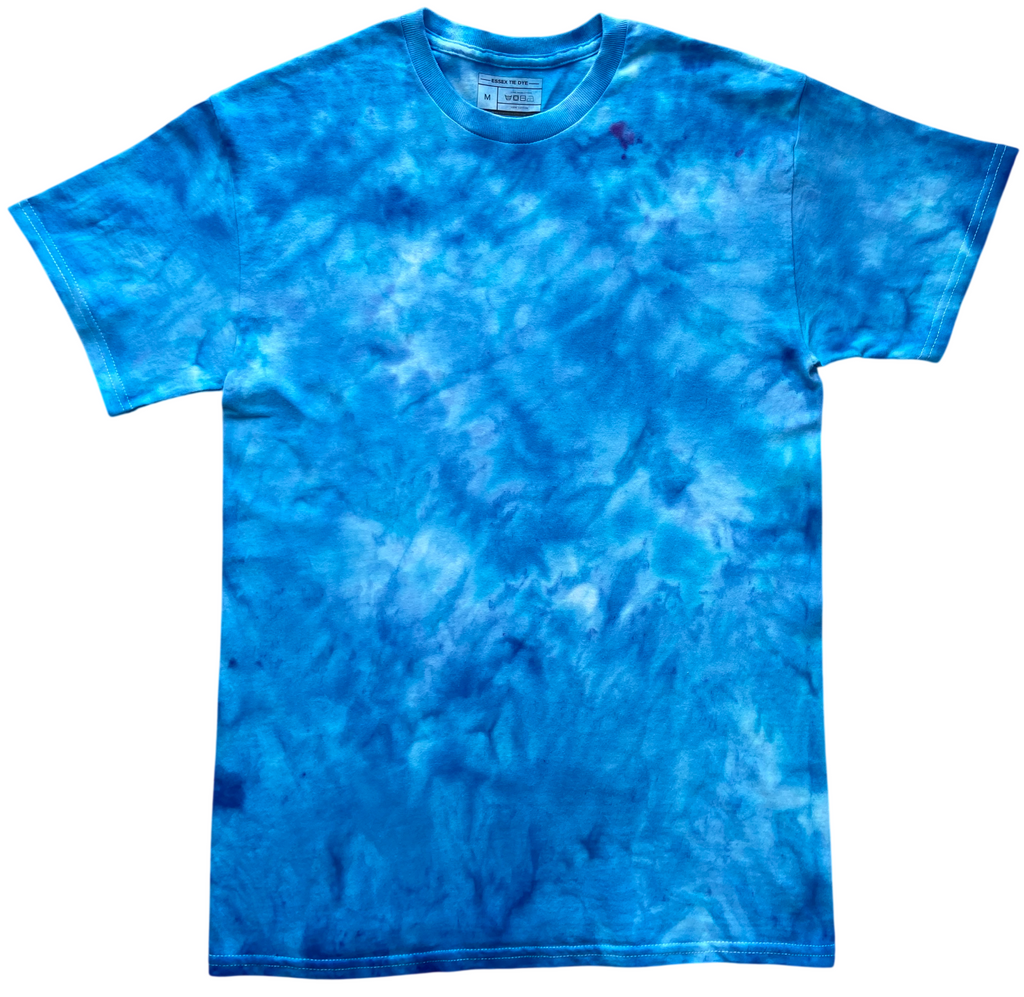 Alpine Blue Ice Scrunch tie dye T-shirt in bright alpine blue, turquoise and white tones, individually hand dyed in the UK.