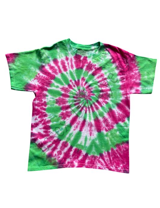 Fuchsia Red and Green Spiral Tie Dye T-Shirt, Adult, Youth, Unisex, XS, S, M, L, XL, 2XL, 3XL, 4XL, 5XL, Dyed in the UK, Gift