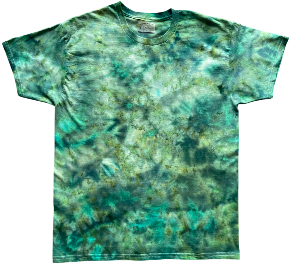 Tie-dye t-shirt with a green and blue pattern on a white background