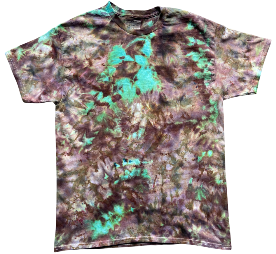 Tie-dye t-shirt with a multicolor pattern on a white background