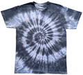 A short-sleeve crewneck t-shirt featuring a dark blue and white spiral tie-dye pattern, laid flat against a solid white background.