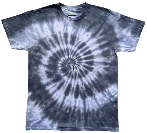 A short-sleeve crewneck t-shirt featuring a dark blue and white spiral tie-dye pattern, laid flat against a solid white background.