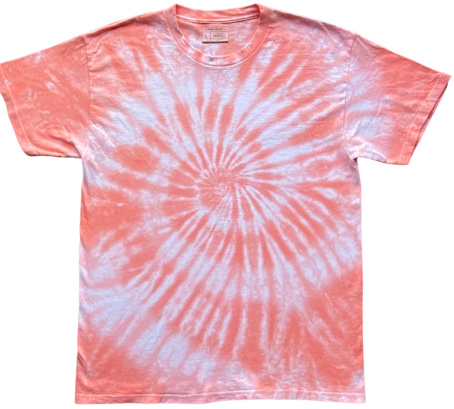 A short-sleeve crewneck t-shirt featuring a spiral tie-dye pattern in coral pink and white, laid flat against a white background.