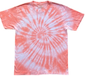 A short-sleeve crewneck t-shirt featuring a spiral tie-dye pattern in coral pink and white, laid flat against a white background.
