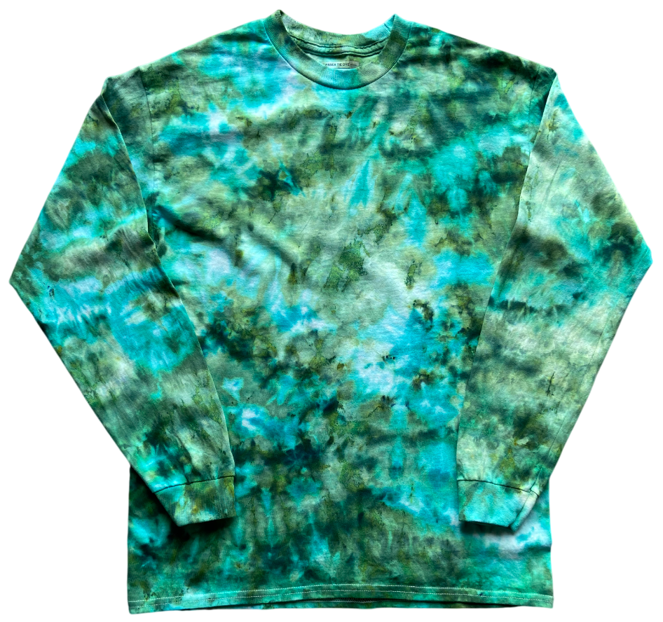 Green and blue tie-dye long-sleeve shirt on a white background