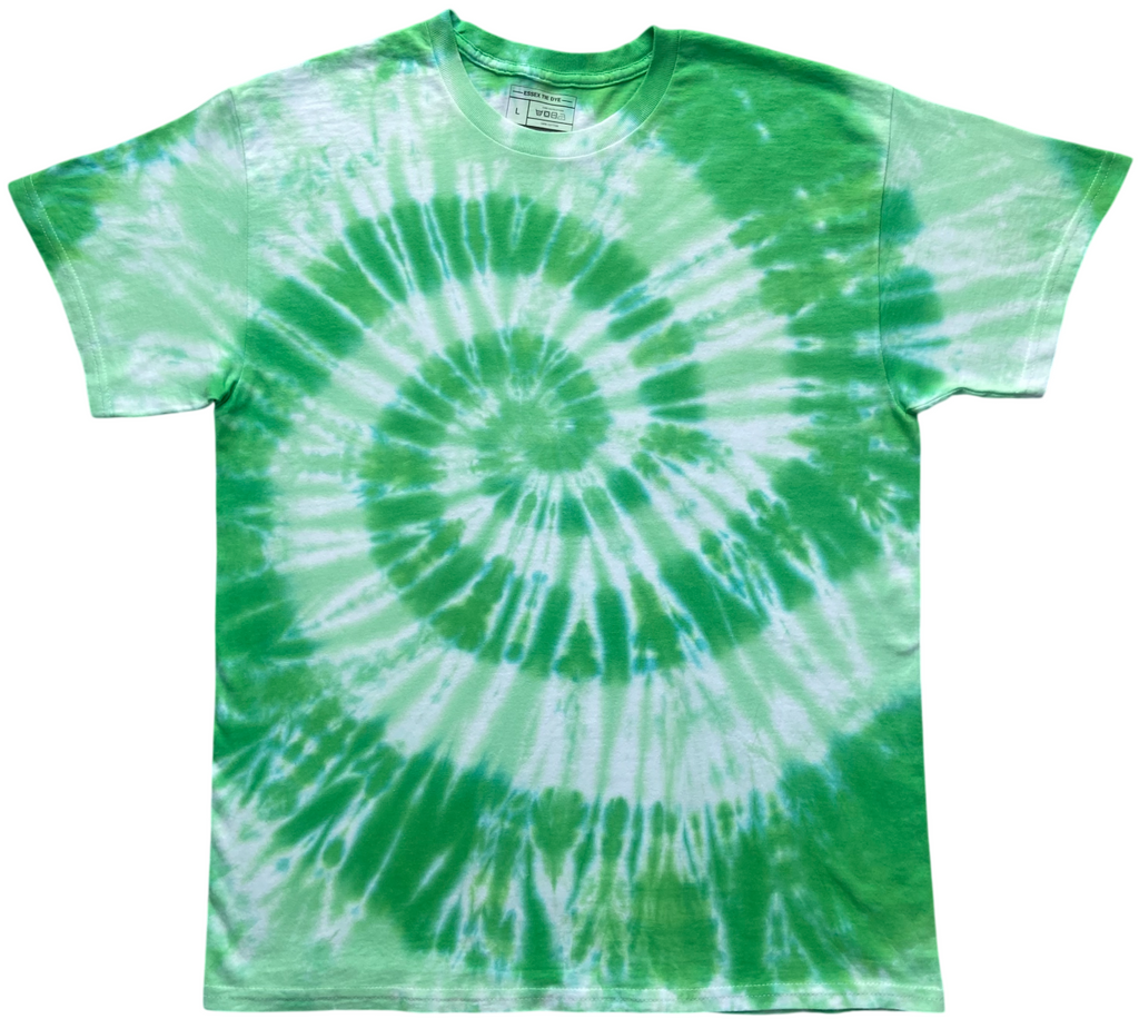 A short-sleeve crewneck t-shirt featuring a green and white spiral tie-dye pattern, displayed flat against a solid white background.
