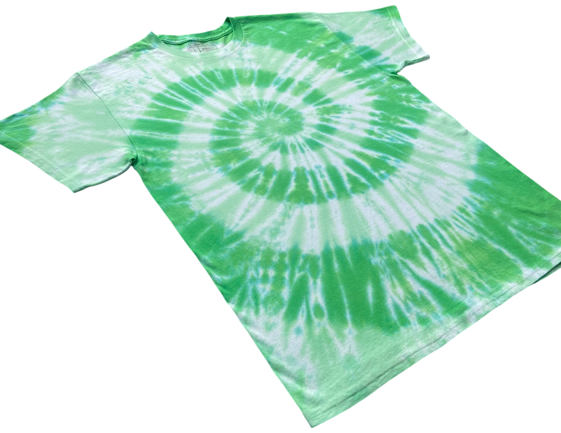 A green and white tie-dye t-shirt with a spiral pattern, laid flat on a white background.