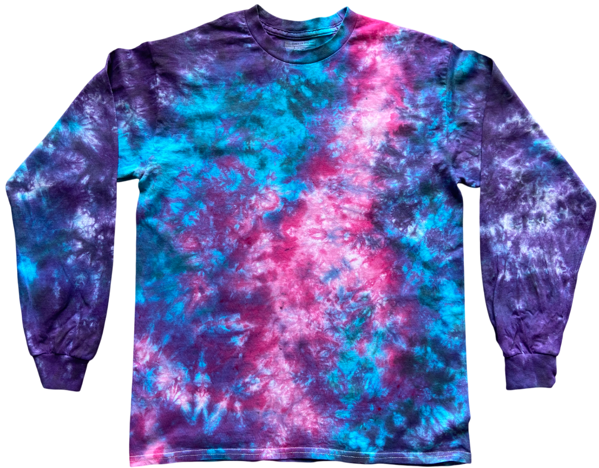 Long-sleeve shirt with a tie-dye pattern in purple, blue, and pink on a white background