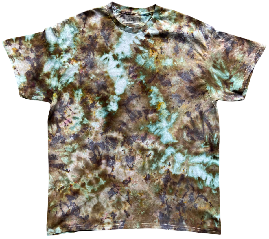 Tie-dye t-shirt with a camouflage pattern on a white background