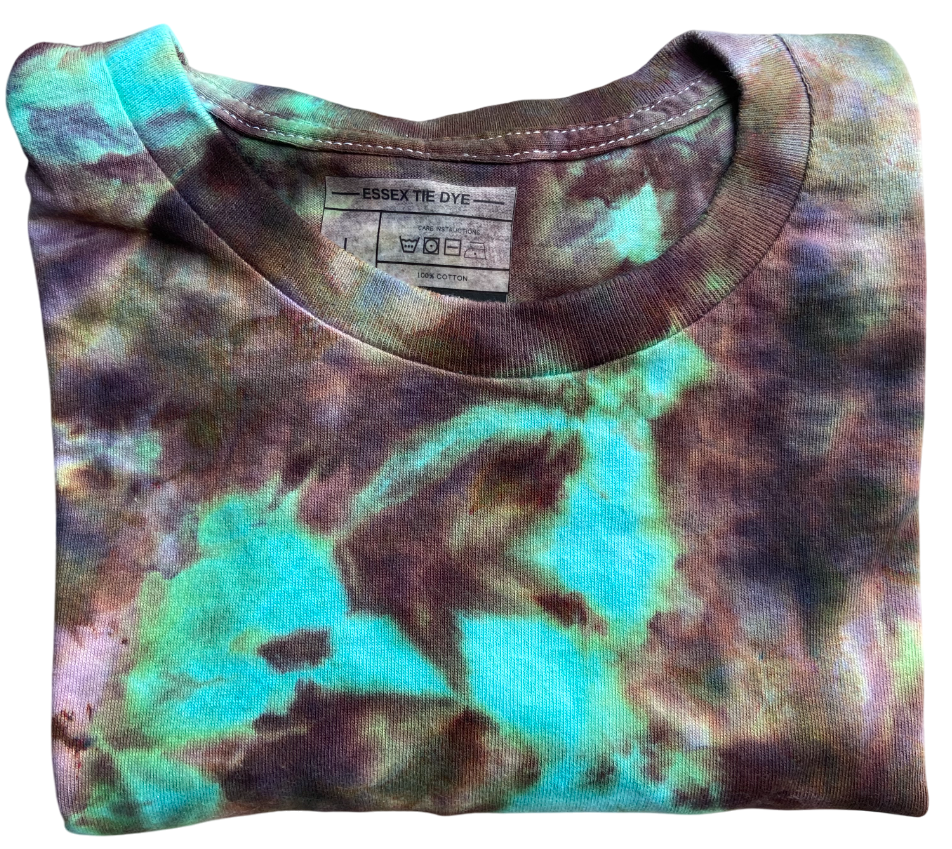 Tie-dye shirt with a visible brand label on a white background
