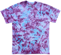 A short-sleeve crewneck tie-dye t-shirt featuring a swirling pattern of purple, light blue, and white, laid flat against a solid white background.