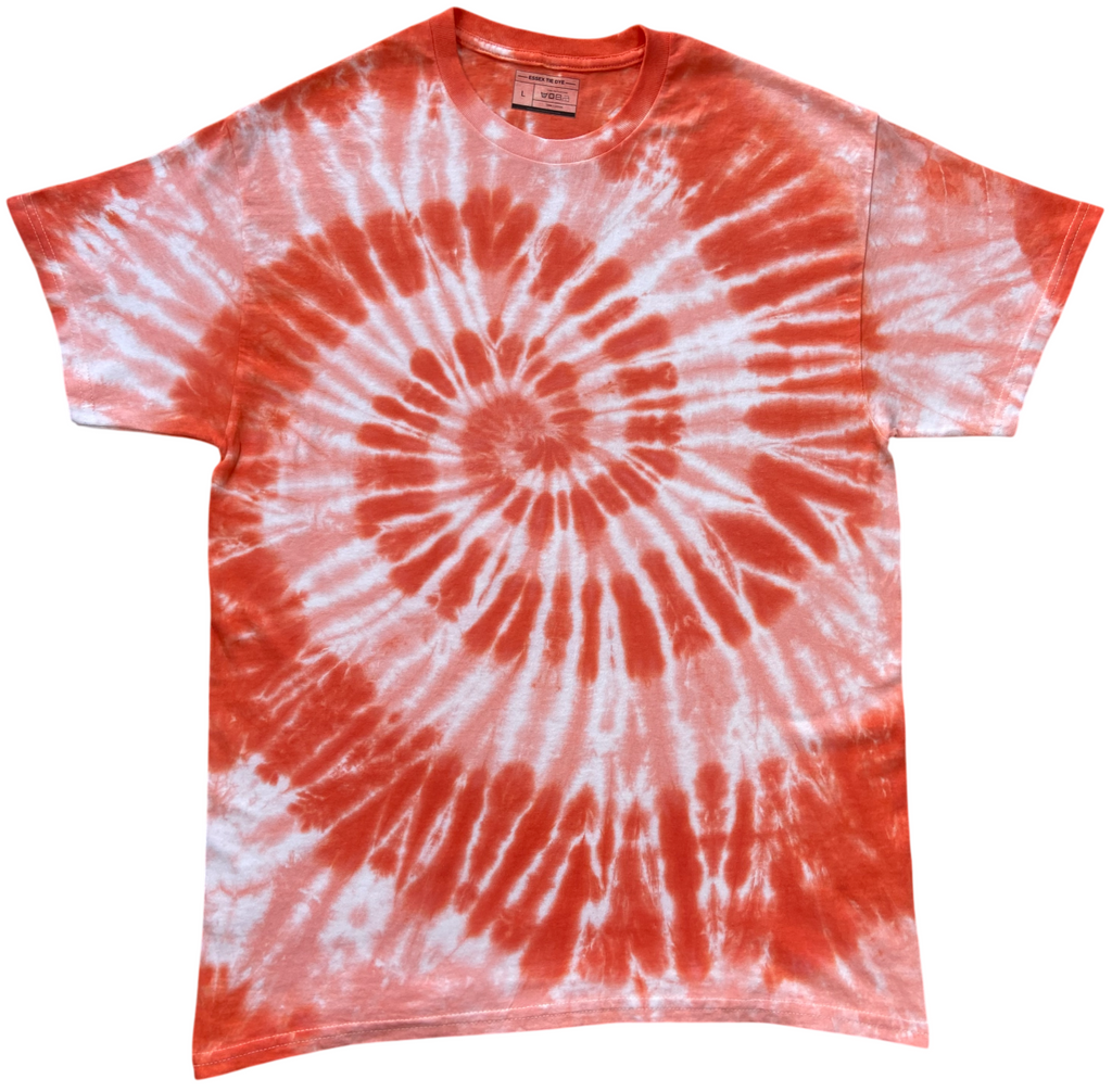 A short-sleeve crewneck tie-dye t-shirt featuring a spiral pattern in vibrant orange-red and white, laid flat against a solid white background.
