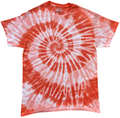 A short-sleeve crewneck tie-dye t-shirt featuring a spiral pattern in vibrant orange-red and white, laid flat against a solid white background.