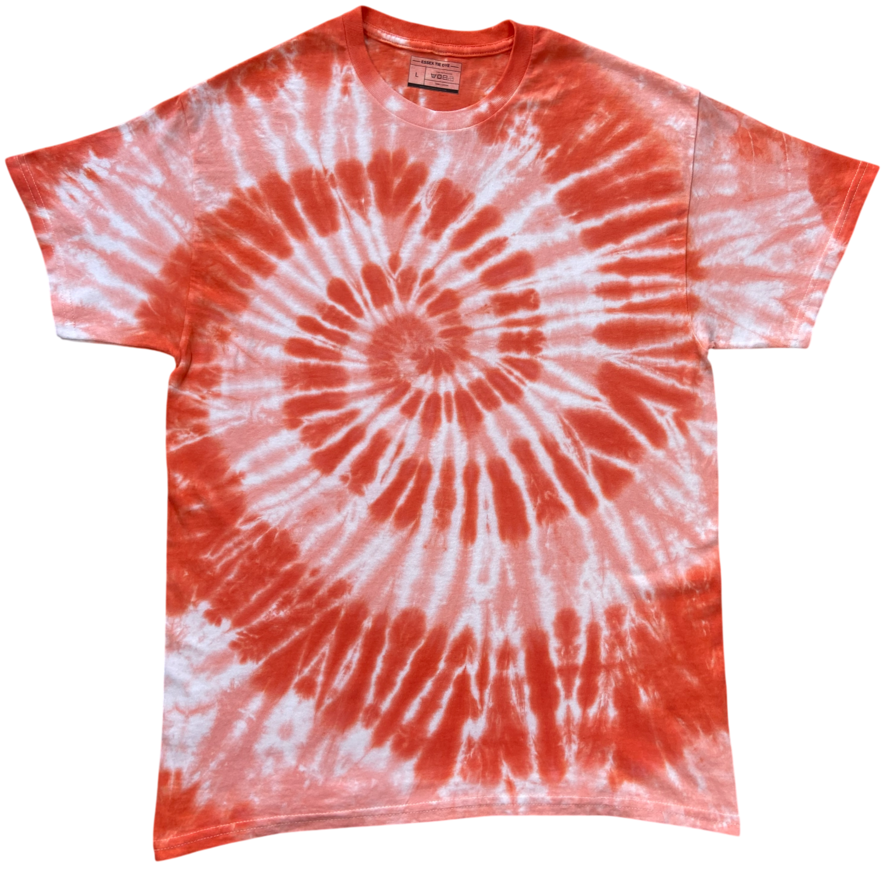 A short-sleeve crewneck tie-dye t-shirt featuring a spiral pattern in vibrant orange-red and white, laid flat against a solid white background.