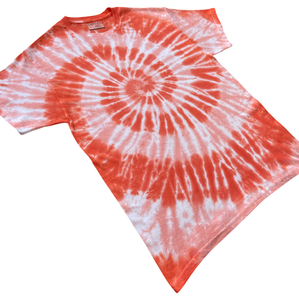 A short-sleeve crewneck t-shirt featuring a vibrant spiral tie-dye pattern in orange and white, shown flat against a solid white background.