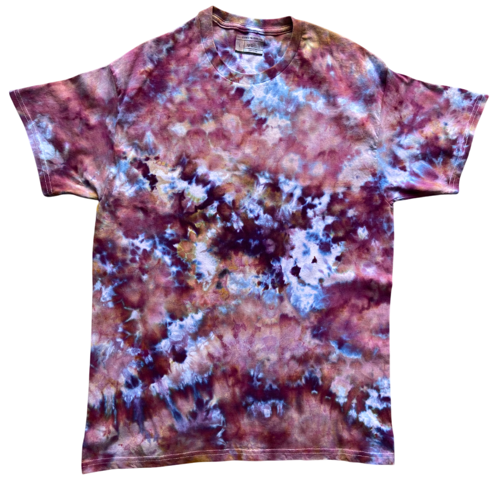 Tie-dye t-shirt with a multicolor pattern on a white background
