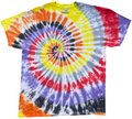 A short-sleeve crewneck tie-dye t-shirt featuring a vibrant spiral pattern with yellow, red, purple, orange, black, and white colors, displayed flat against a white background.