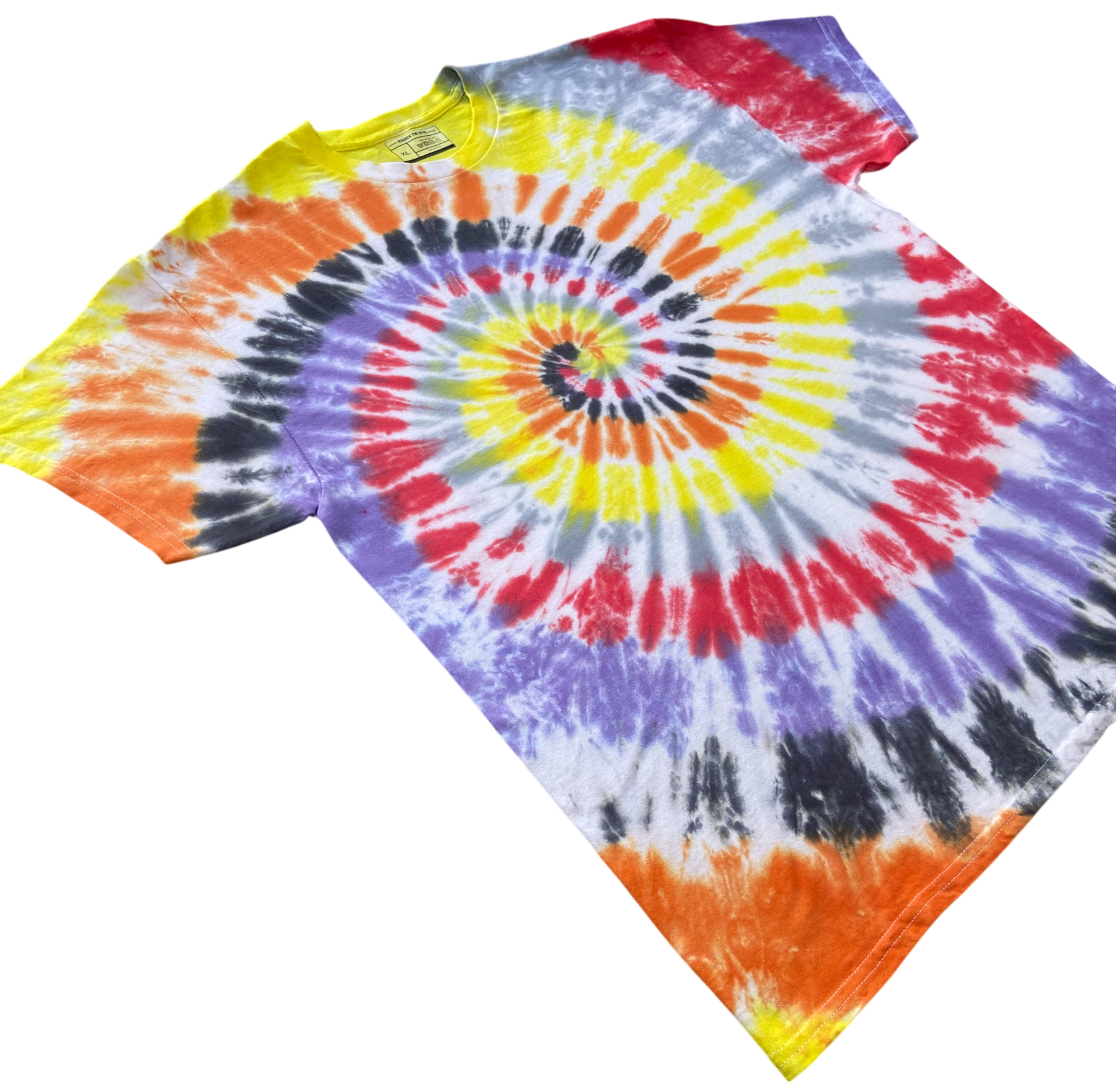 A short-sleeve crewneck tie-dye t-shirt featuring a vibrant spiral pattern with orange, yellow, red, purple, black, and white, displayed on a clean white background.